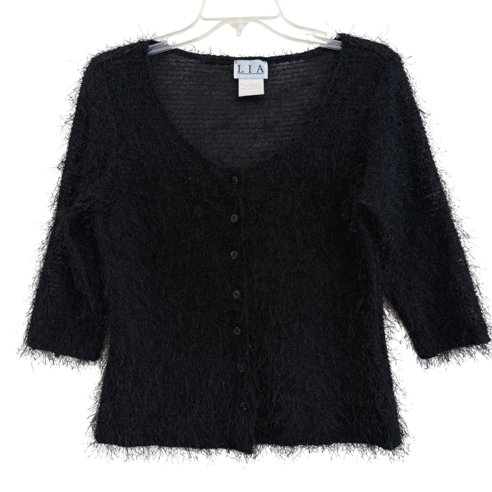 LIA Black Eyelash Knit Button Up Cardigan Sweater 3/4 Sleeve USA Vintage Y2K L